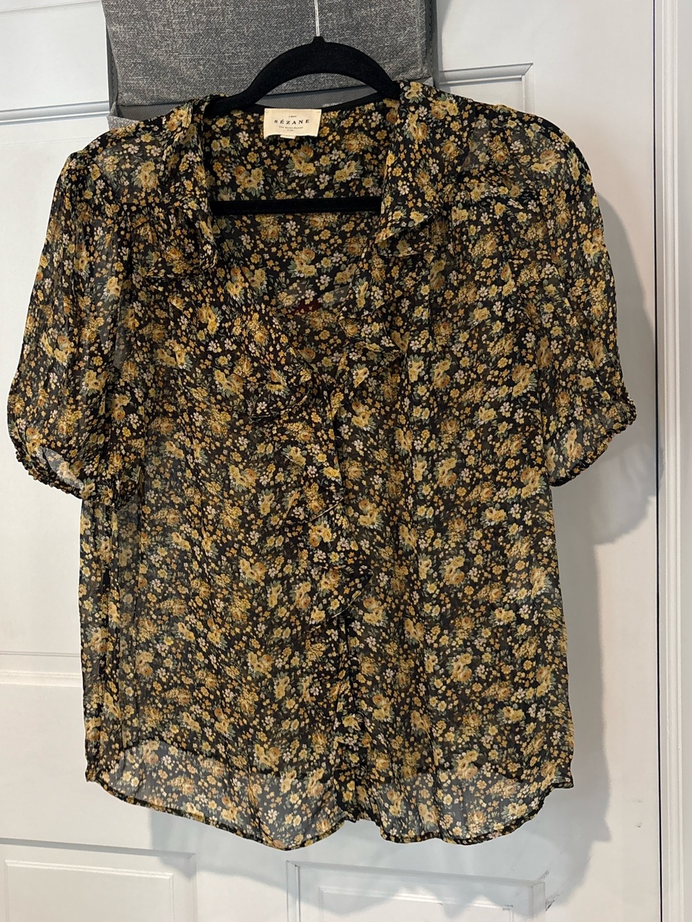 Sezane Irena Floral Short Sleeve Blouse Top Ruffle 36 - Picture 3 of 7